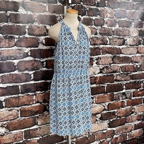 Mud Pie Blouson Dress NWT Buttons Midi Sleeveless Geometric Blue Size Large L - Picture 8 of 16